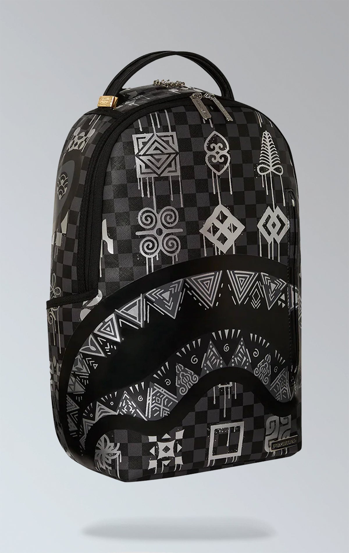 Black Sprayground backpack with eye-catching shark-glyphs graphic, featuring separate laptop & sunglasses compartments, padded back, and luggage sleeve.