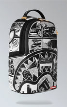 Sleek black Sprayground backpack with inverted comic book graphics, featuring separate velour laptop & sunglass compartments, padded back, and luggage sleeve.