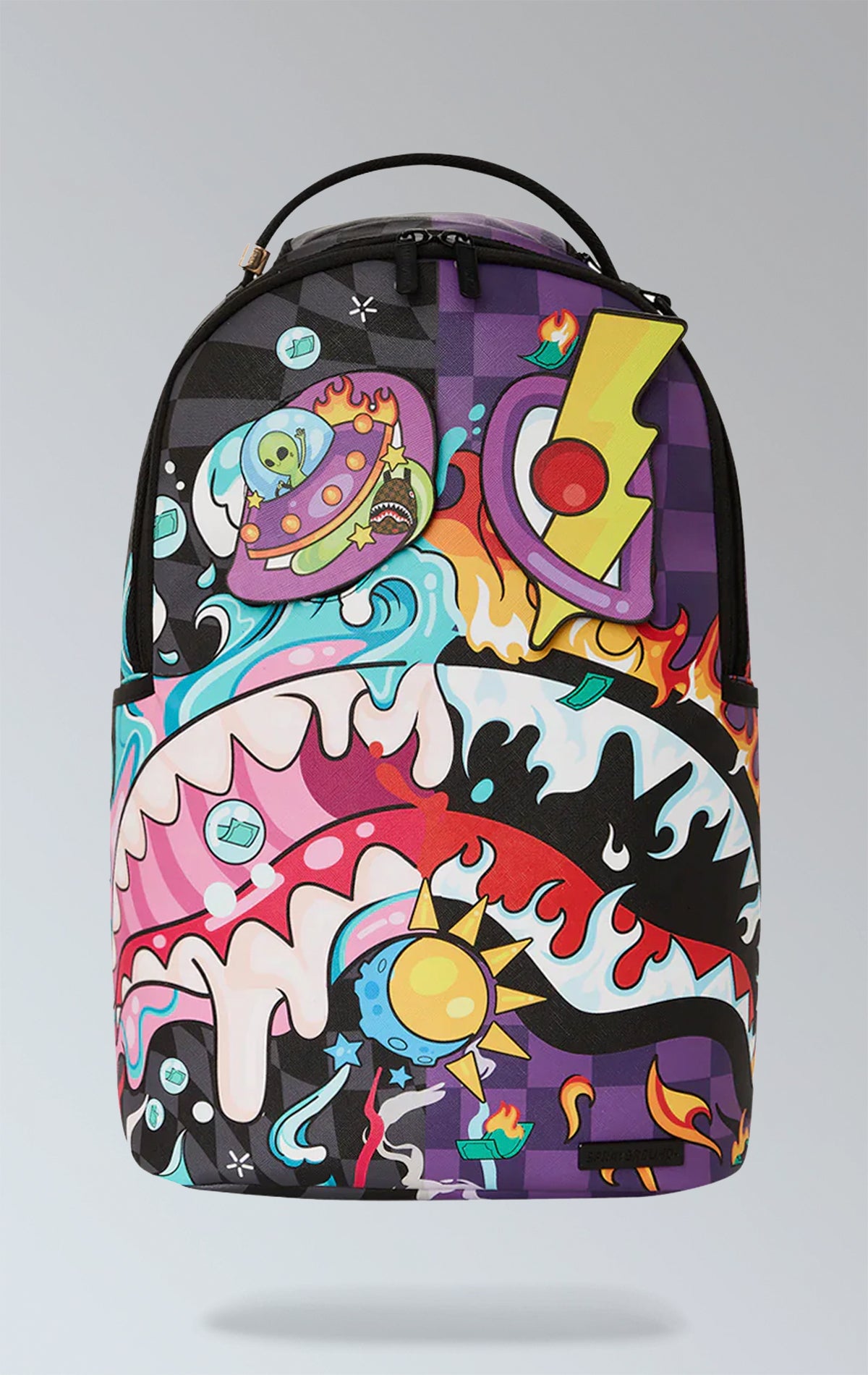 Colorful Sprayground backpack with the iconic Crazy Eyes design. Features multiple compartments including a separate velour laptop compartment, side pockets, and a hidden zippered pocket.  Equipped with ergonomic mesh back padding, adjustable straps, and a sliding back sleeve for attaching to carry-on luggage. Made from durable vegan leather.
