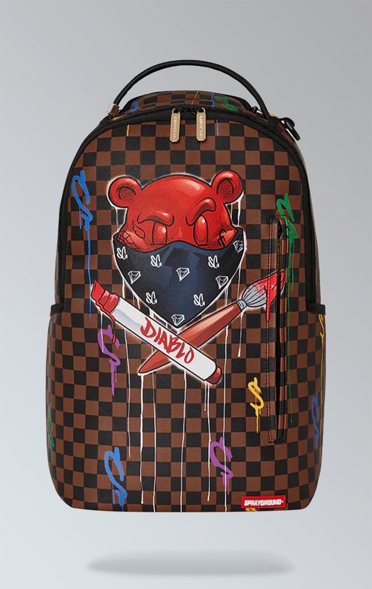 Sprayground fiery checkerboard backpack with mischievous bear mascot, perfect for rebellious spirits!