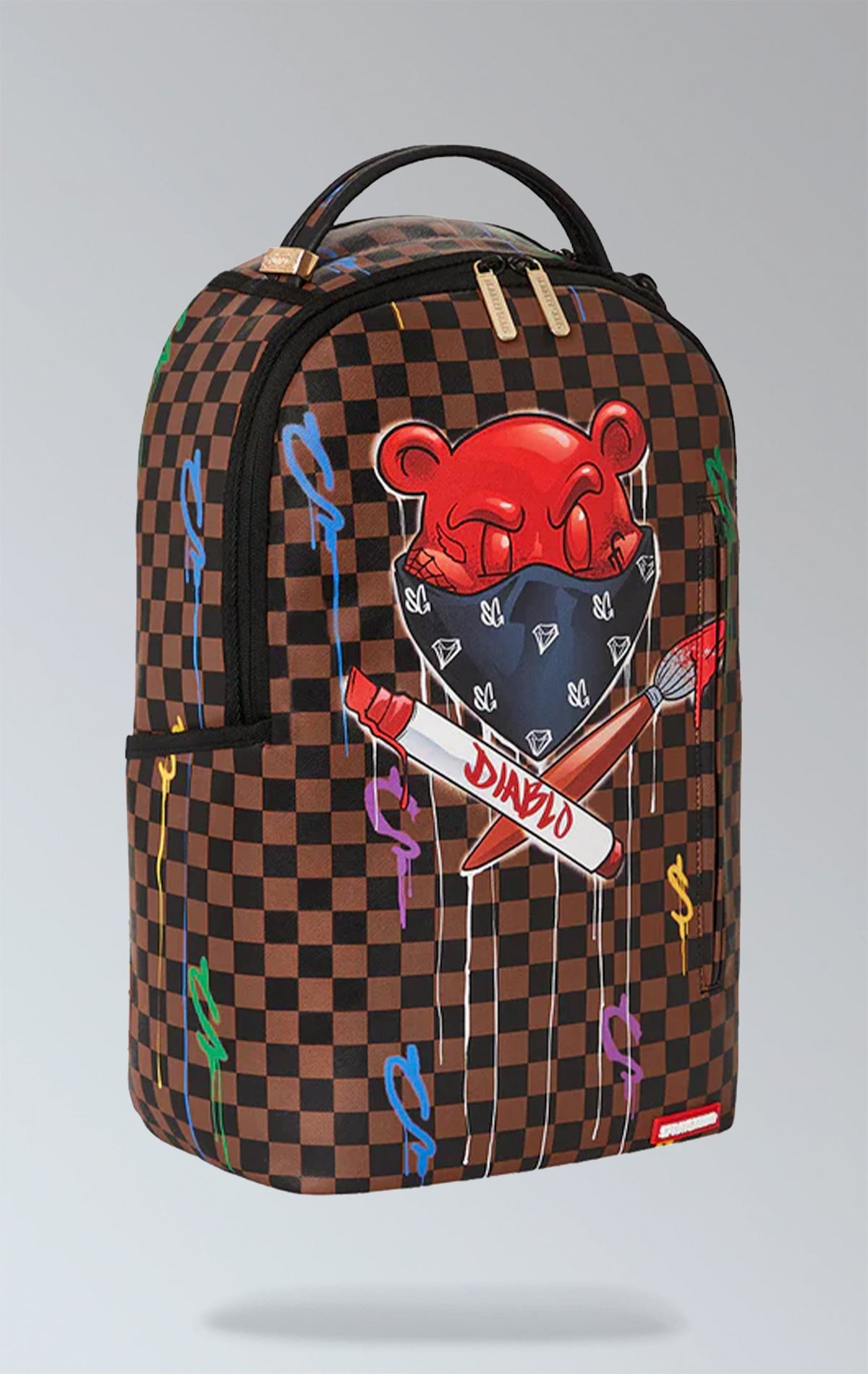 Sprayground fiery checkerboard backpack with mischievous bear mascot, perfect for rebellious spirits!