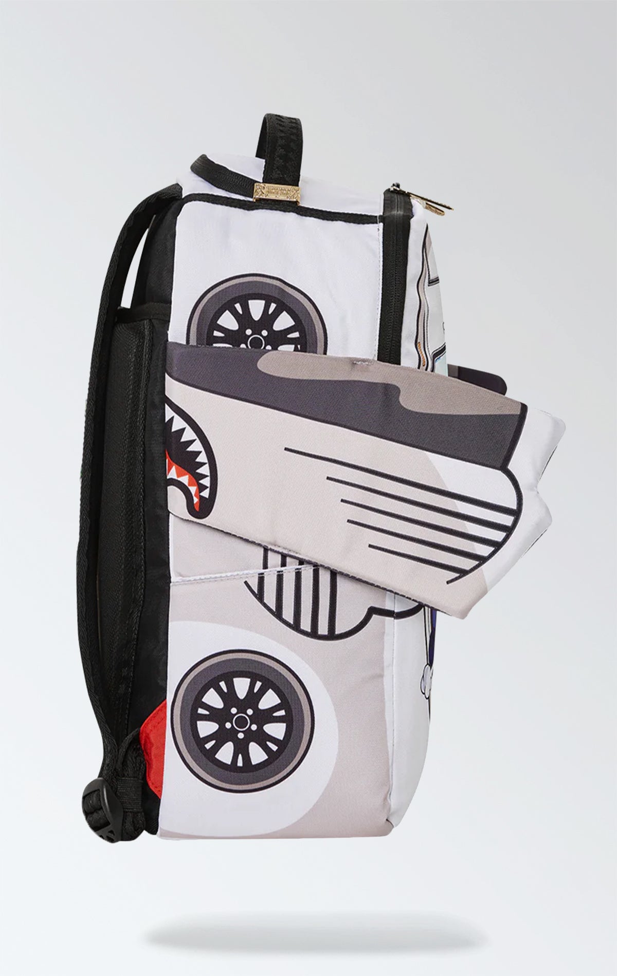 White Sprayground backpack with eye-catching  wings & money bear graphics, separate laptop & sunglasses compartments, padded back, and luggage sleeve.