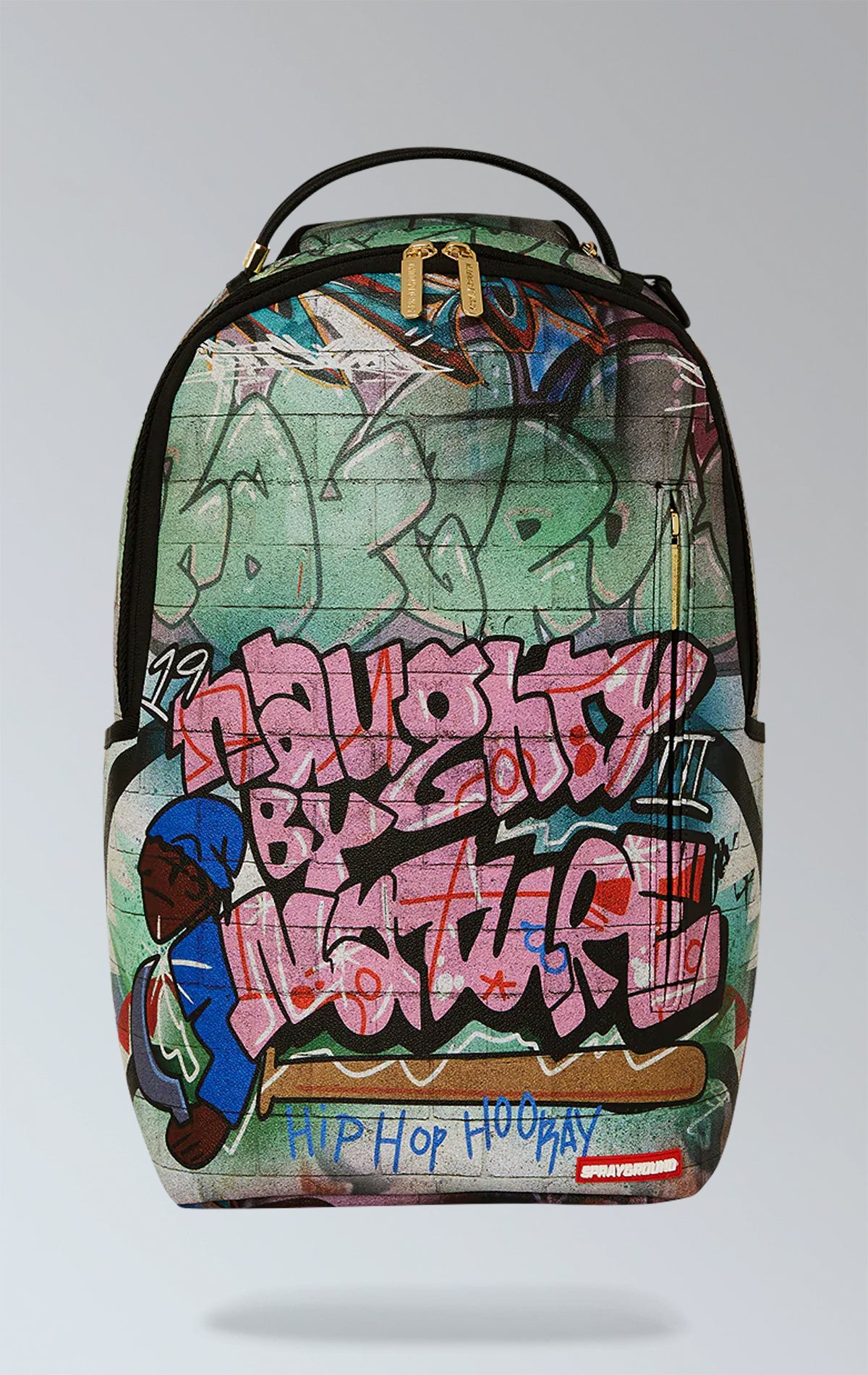 Sprayground  limited-edition backpack celebration of 30 years of hip-hop group Naughty by Nature. It features a bold and vibrant design with the iconic Naughty by Nature logo and graphics from their album "Hip Hop Hooray."