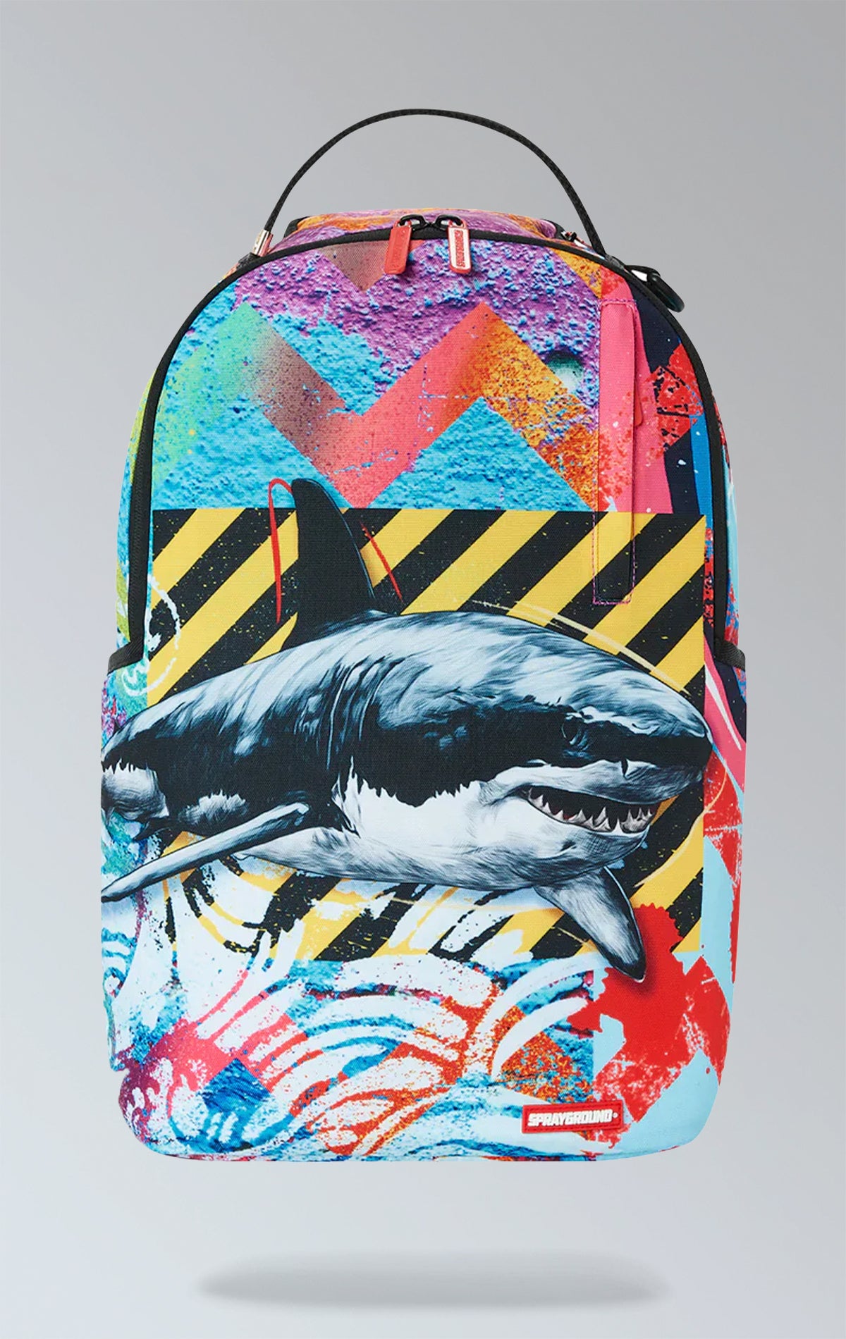 bold Sprayground backpack, featuring a fierce lone shark graphic that demands attention.