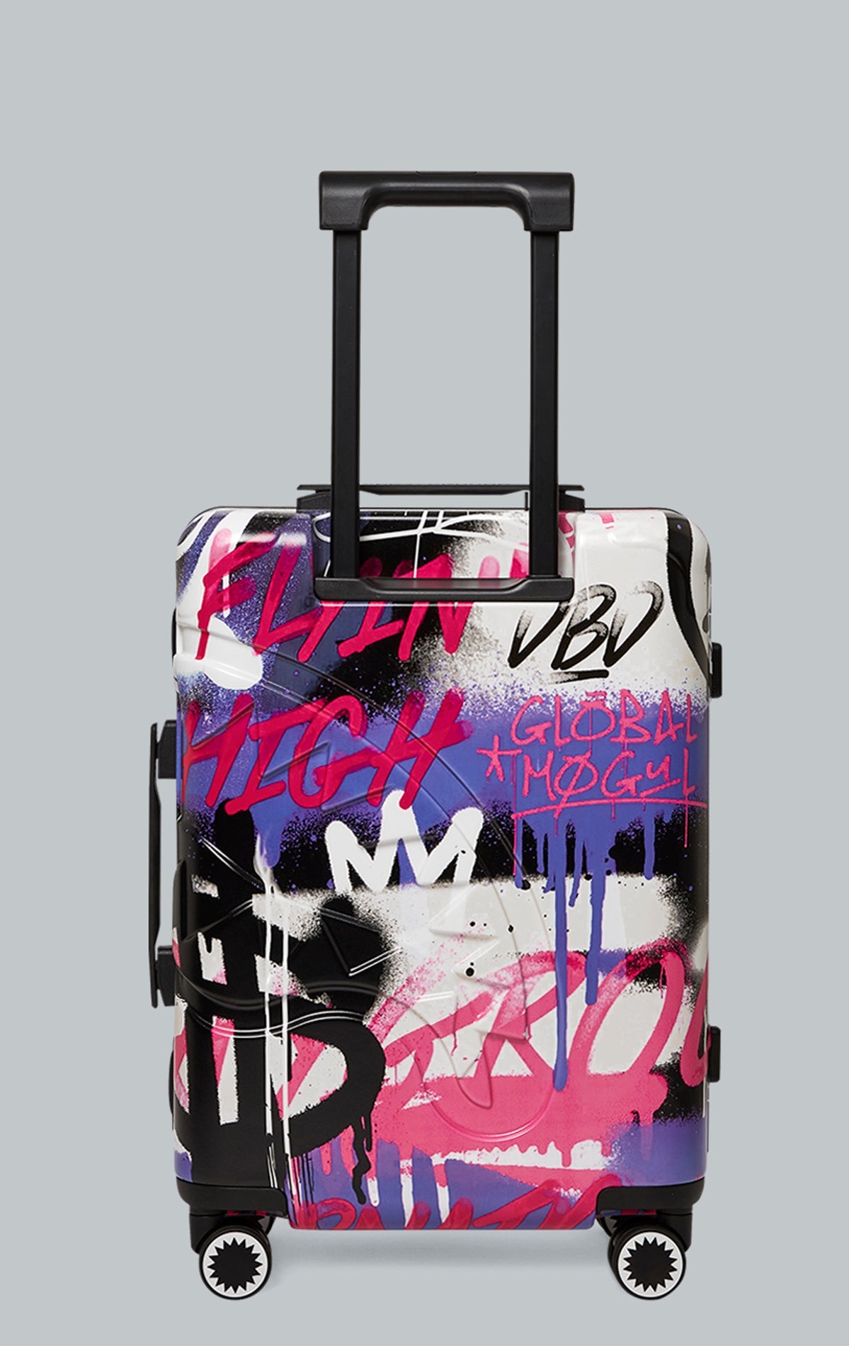 Sprayground Vandal Couture Carry On luggage in black with a patented shark sculpture. The carry-on features a hard-shell exterior, TSA security locks, a telescoping handle, four dual-spinning wheels, and a zipperless aluminum alloy frame. The interior fea