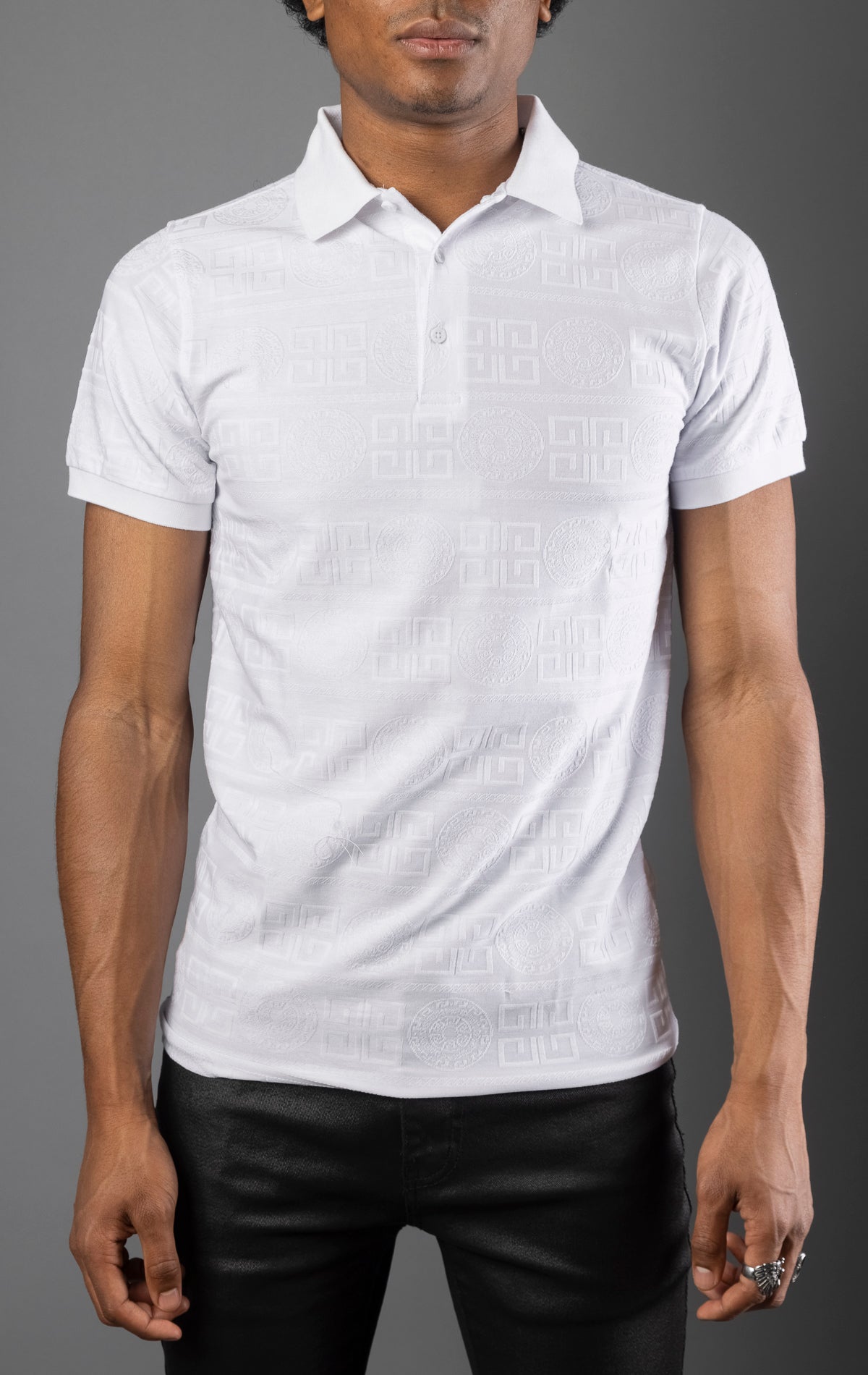 White Men's regular-fit, short-sleeve polo shirt. The shirt features a seamless Greek pattern and a classic polo design