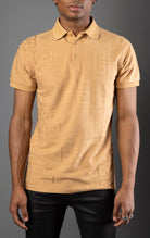 Khaki Men's regular-fit, short-sleeve polo shirt. The shirt features a seamless Greek pattern and a classic polo design