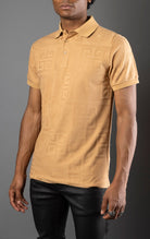 Khaki Men's regular-fit, short-sleeve polo shirt. The shirt features a seamless Greek pattern and a classic polo design