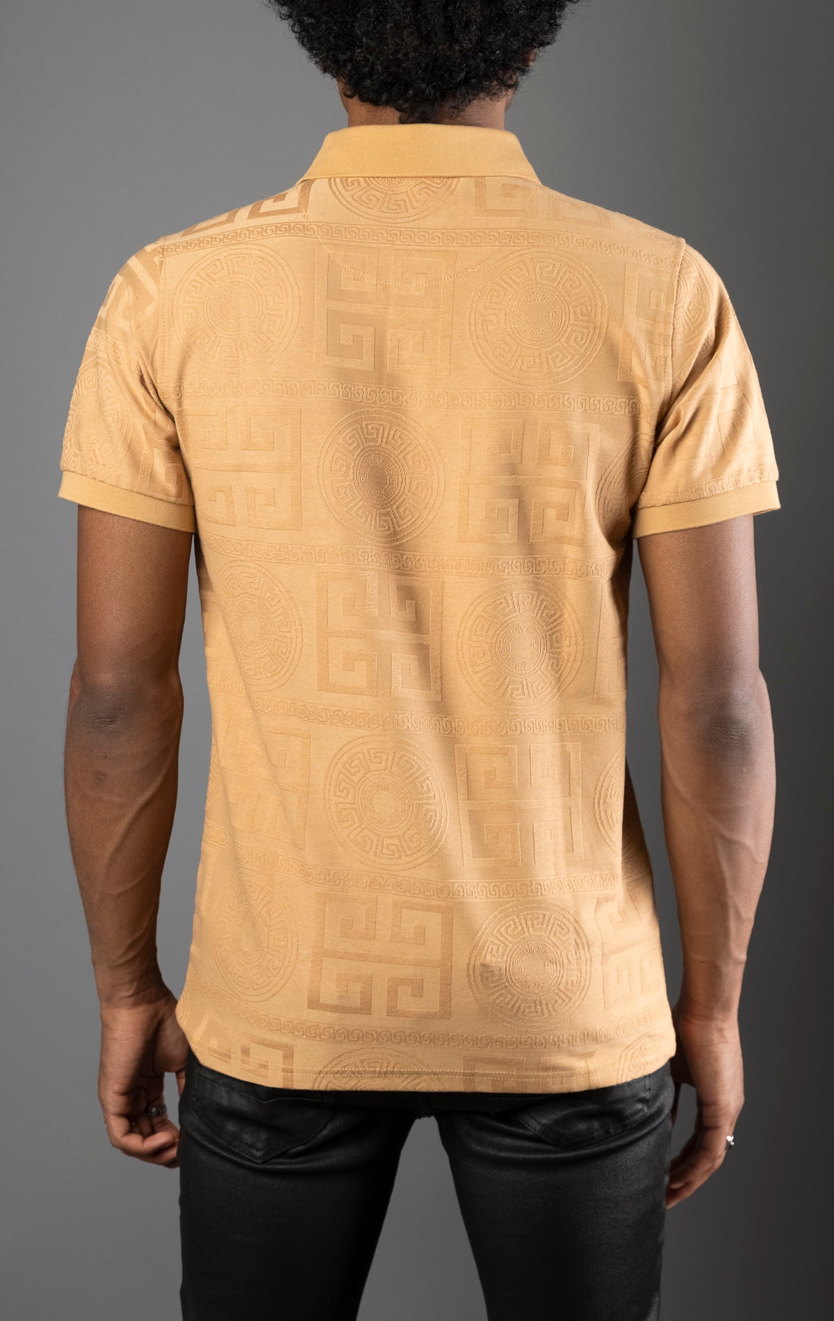 Khaki Men's regular-fit, short-sleeve polo shirt. The shirt features a seamless Greek pattern and a classic polo design