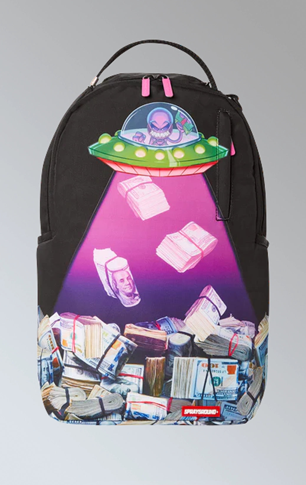 SPRAYGROUND MONEY ABDUCTION GRAPHIC ON Black backpack with numerous compartments and pockets, including a separate padded laptop sleeve. Features comfortable mesh back padding and adjustable straps. Made from durable vegan leather.